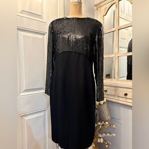 Vintage Escada Black Sequin Long Sleeve Cocktail Dress Classic Evening Midi 42